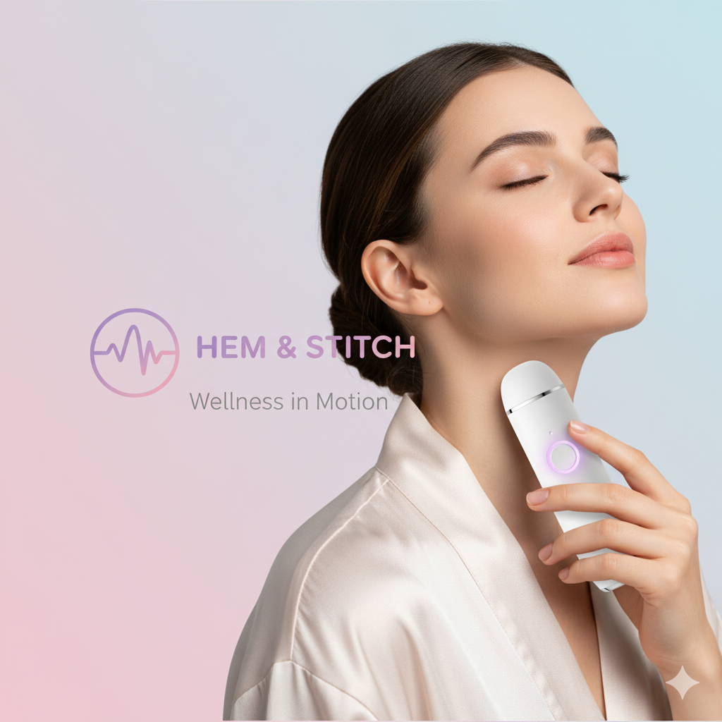 Woman using a device with 'Hem & Stitch' branding on a gradient background